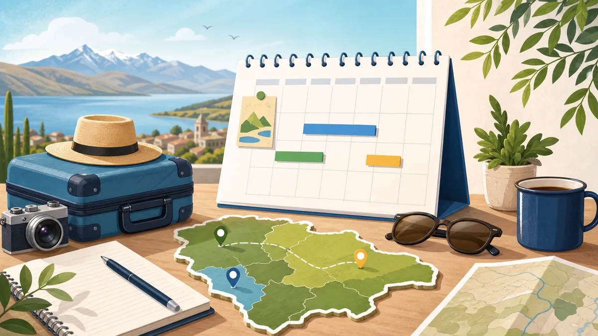 Ilustración de calendario, maleta y planificación para feriados largos en Bolivia