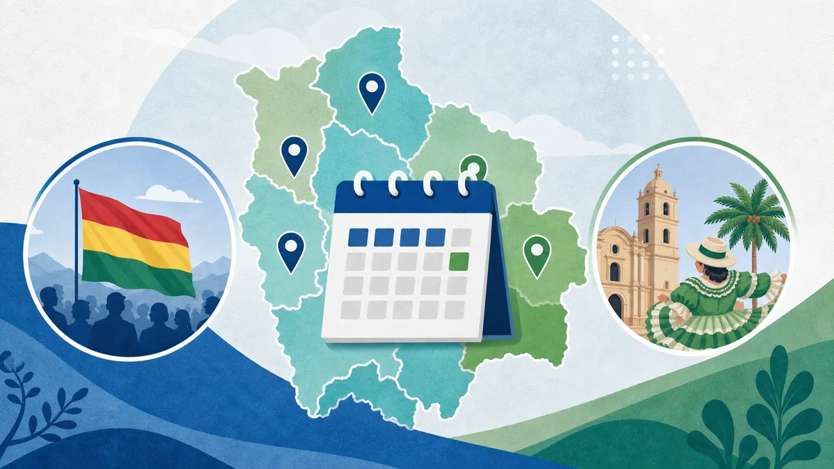 Ilustración de mapa regional y calendario para feriados nacionales y departamentales