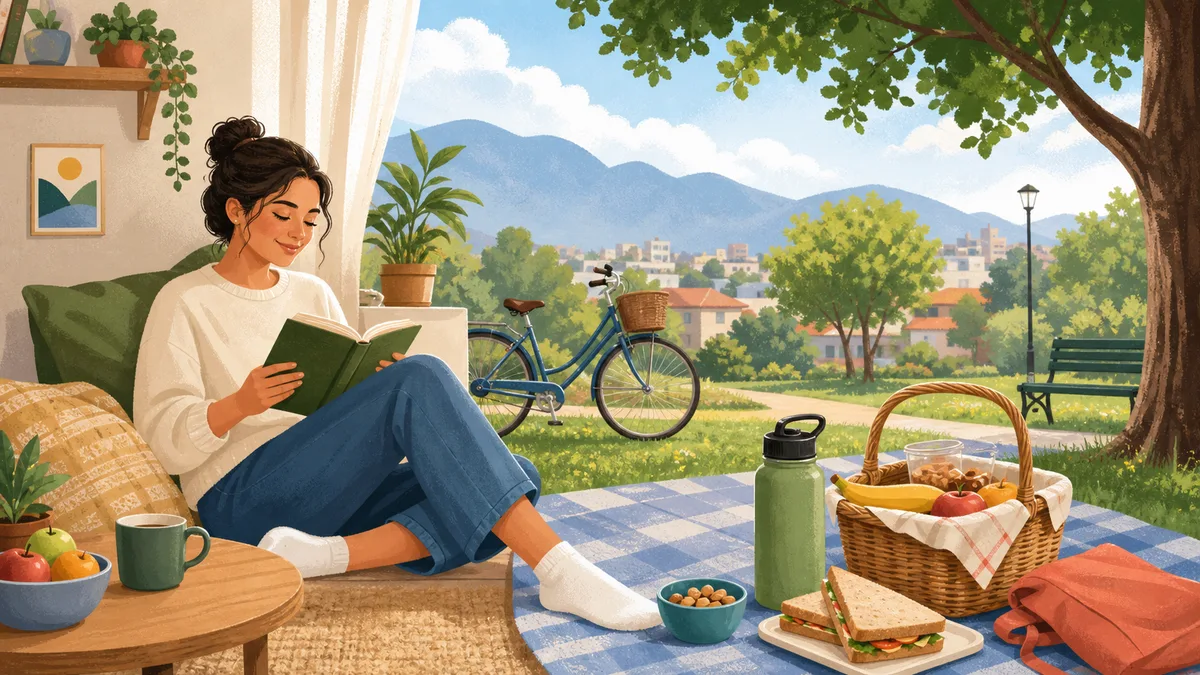 Ilustración de actividades simples para disfrutar un feriado sin gastar demasiado