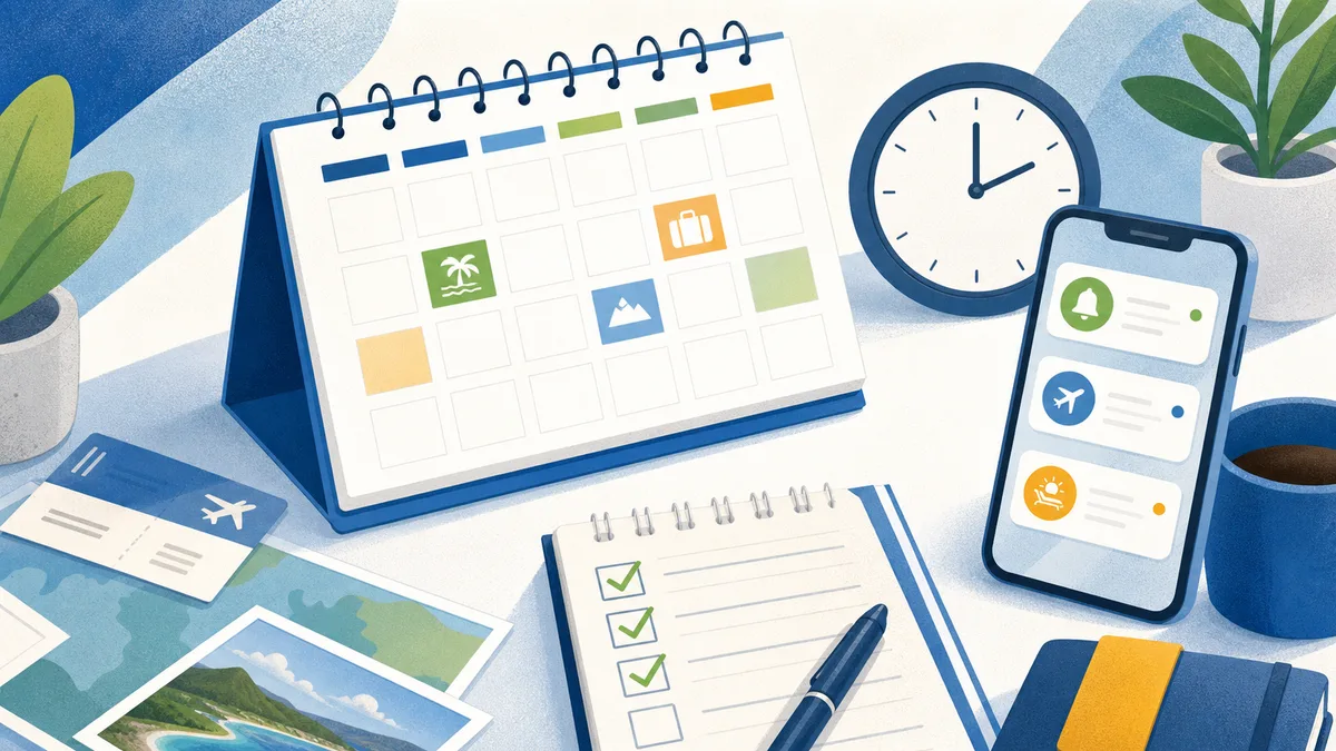 Ilustración de calendario, checklist y recordatorios para revisar feriados con anticipación